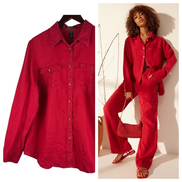 Ralph Lauren Tops - Ralph Lauren Sz 1X 16 18 Shirt Top Button Down Blouse 100% LINEN Red